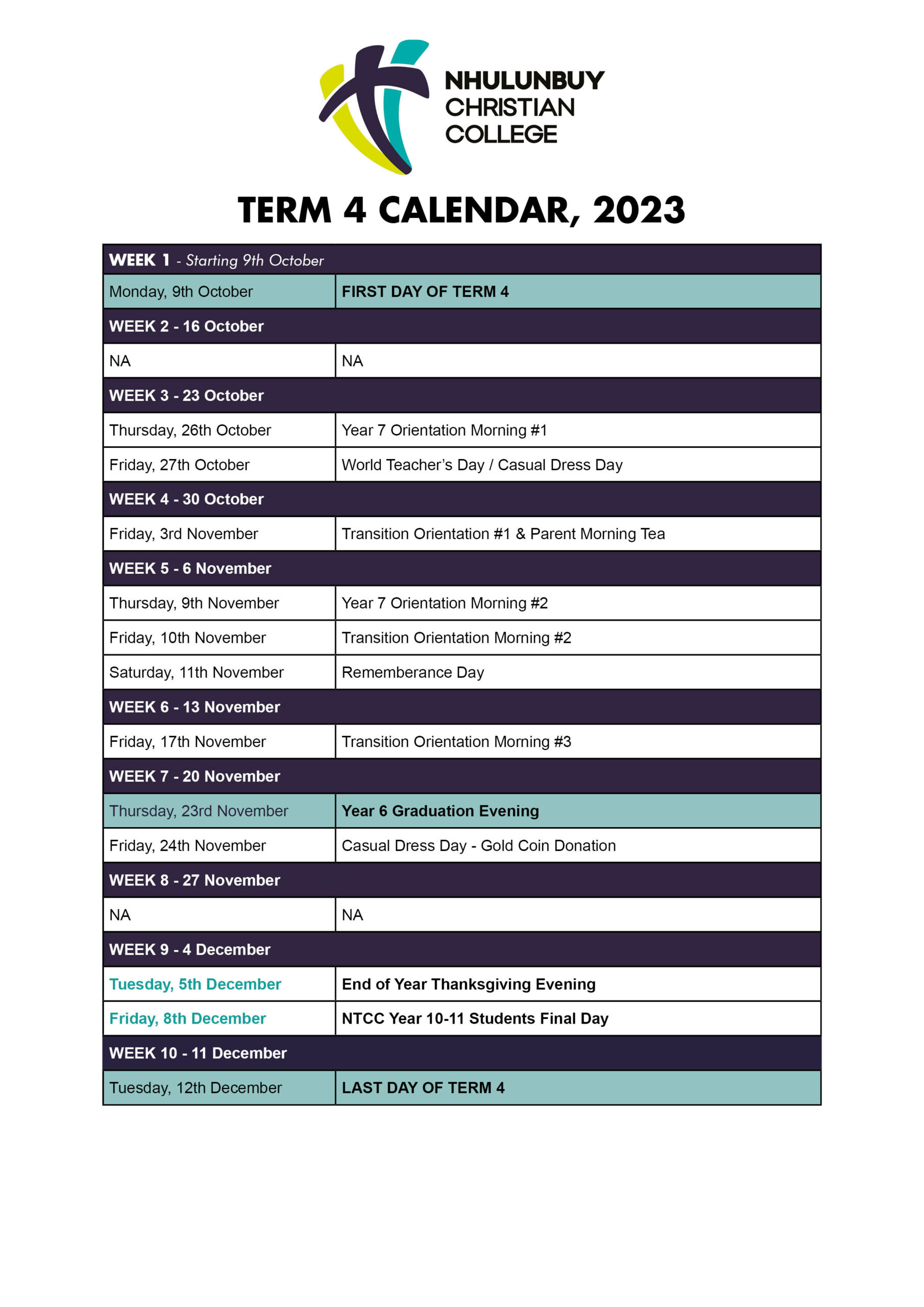 College calendar Nhulunbuy Christian College